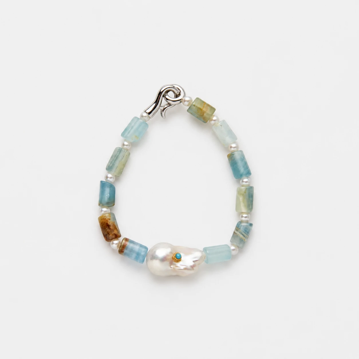 925-sterling-silver-peruvian-blue-opal-baroque-pearl-bracelet-organic-boho 925 sterling silver Peruvian blue opal and baroque pearl beaded bracelet featuring an organic, natural boho design style.