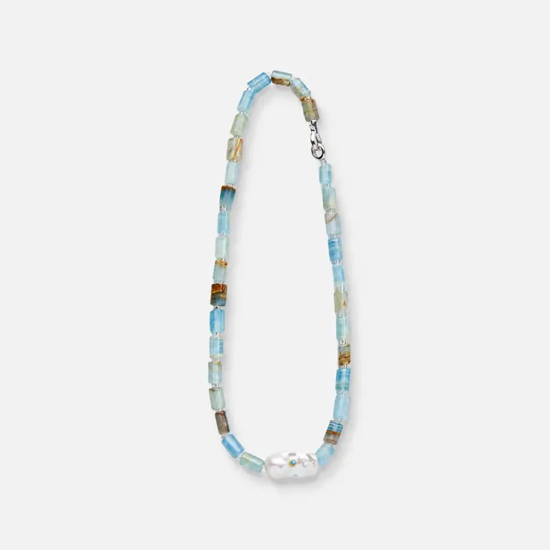 925 sterling silver Peruvian blue opal and baroque pearl necklace in a natural organic strand style.