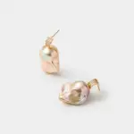 Detailed close-up view of the zircon-pave textured stud and natural pearlescent luster on these irregular baroque pearl drop earrings with 18K gold plated sterling silver craftsmanship