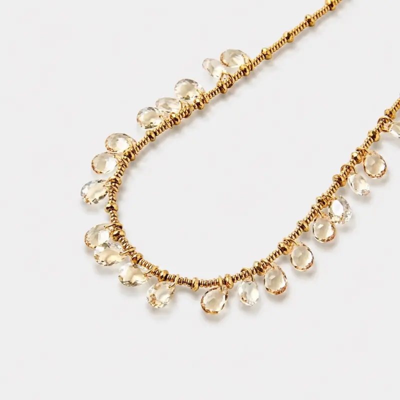 Close-up view showing clear teardrop quartz and a beaded structure on a drop necklace with 18K gold plated titanium steel hardware