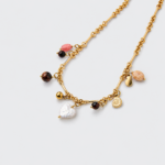 Close-up perspective view showing a heart-shaped shell pendant and dangling gemstone charms on an 18K gold-plated necklace.