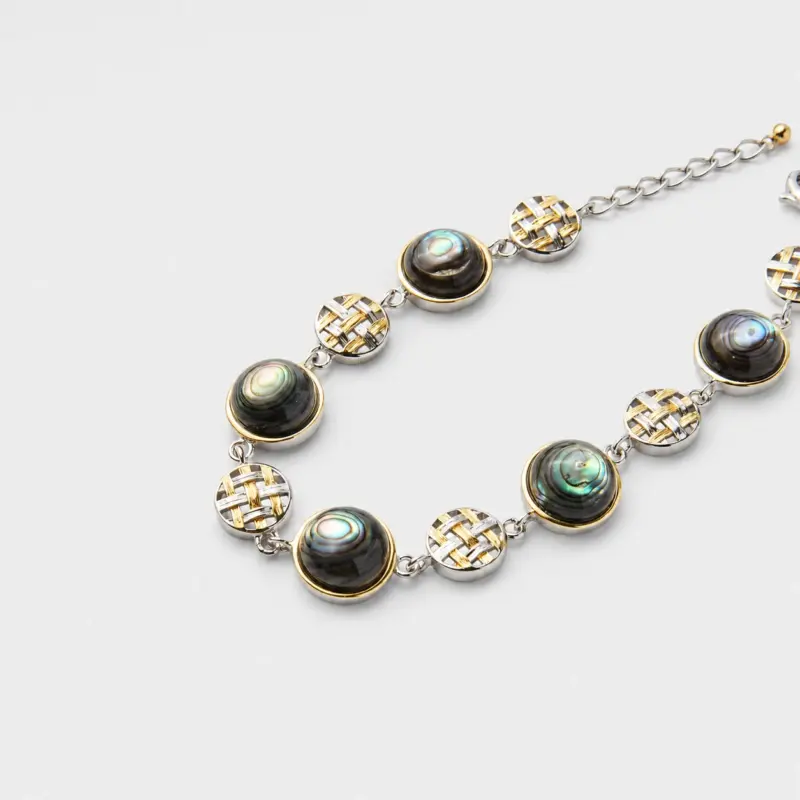 Close-up view showing the basket-weave metal patterns and iridescent round abalone shell panels of the link bracelet framed in gold plating.