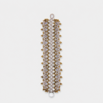 Lace-woven textile bracelet featuring flash stone, iolite, and golden obsidian beads in a wide bohemian openwork geometric shape.