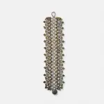 Lace-woven textile bracelet featuring flash stone, iolite, and golden obsidian beads in a wide bohemian openwork geometric shape.