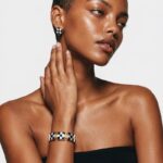Model wearing Black Agate MOP Bracelet on her wrist paired with matching square checkerboard stud earrings for elegant office or dinner outfit styling.