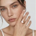 Model wearing Pink Baroque Pearl Diamond Ring with a fluid open band on her finger for creative workwear styling