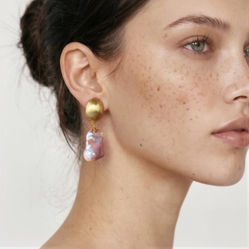 Model wearing Pink Baroque Pearl Earrings with a fluid sculptural silhouette along her jawline for a refined statement look