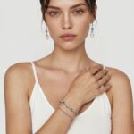Model wearing Topaz Baroque Pearl Drop Earrings with blue square-cut gemstones and natural pearls on her ears for elegant daily outfit styling