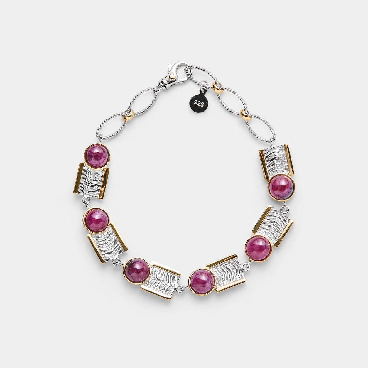 onda-lenta-maya-ruby-two-tone-silver-bracelet onda-lenta-maya-ruby-bracelet-textured-link-detail