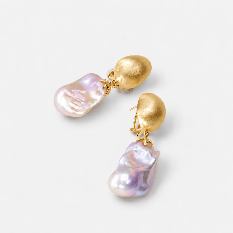 ONDA LENTA Queen Pink Baroque Pearl Drop Earrings with luminous organic pearls and sculptural gold-tone tops.