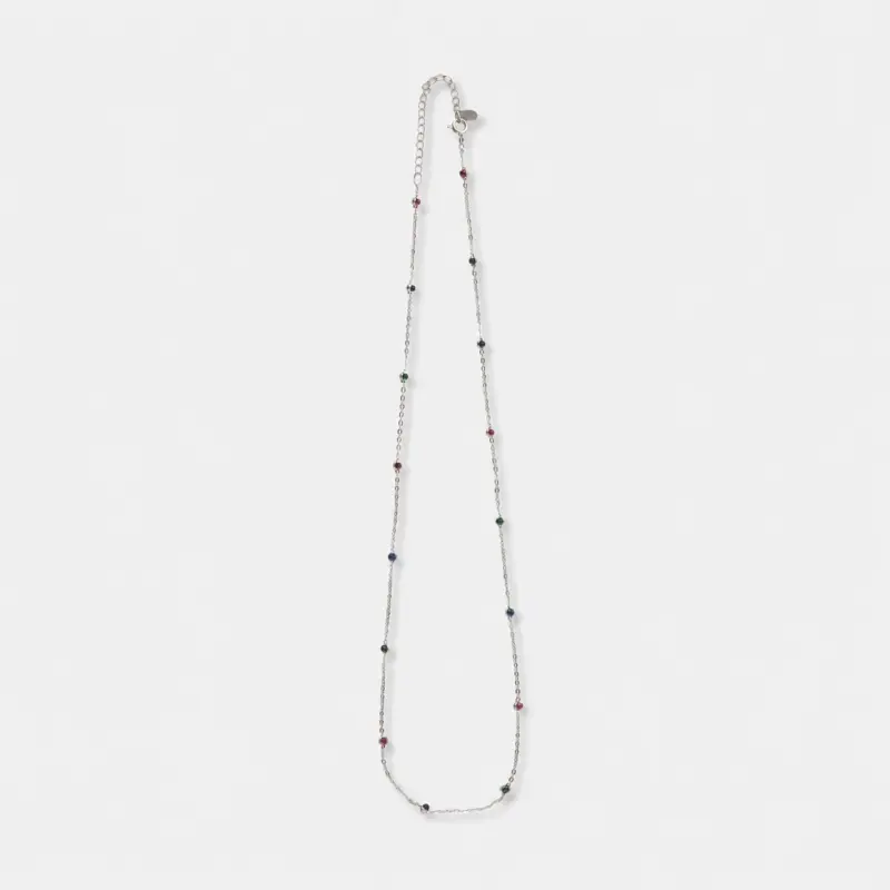 Rhodium plated sterling silver tricolor corundum necklace in a delicate slim chain design.
