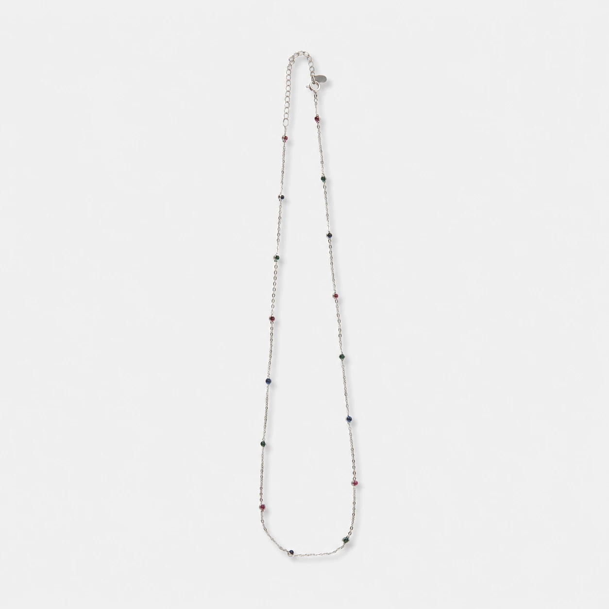 rhodium-plated-sterling-silver-tricolor-corundum-necklace-delicate-slim-chain Rhodium plated sterling silver tricolor corundum necklace in a delicate slim chain design.