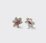 Side and back view highlighting the detailed green pavé petals of the flower stud earrings crafted in 18K gold plated sterling silver.