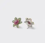 Side and back view highlighting the detailed green pavé petals of the flower stud earrings crafted in 18K gold plated sterling silver.