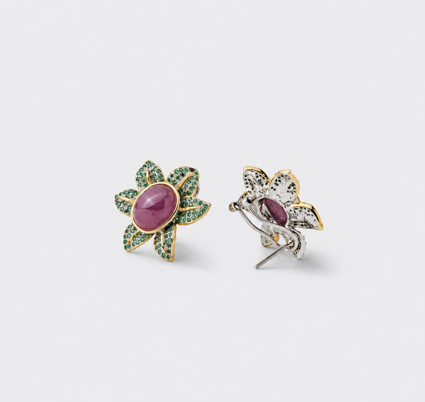 Side and back view highlighting the detailed green pavé petals of the flower stud earrings crafted in 18K gold plated sterling silver.