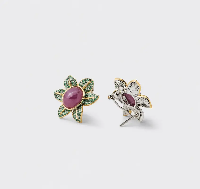 Side and back view highlighting the detailed green pavé petals of the flower stud earrings crafted in 18K gold plated sterling silver.