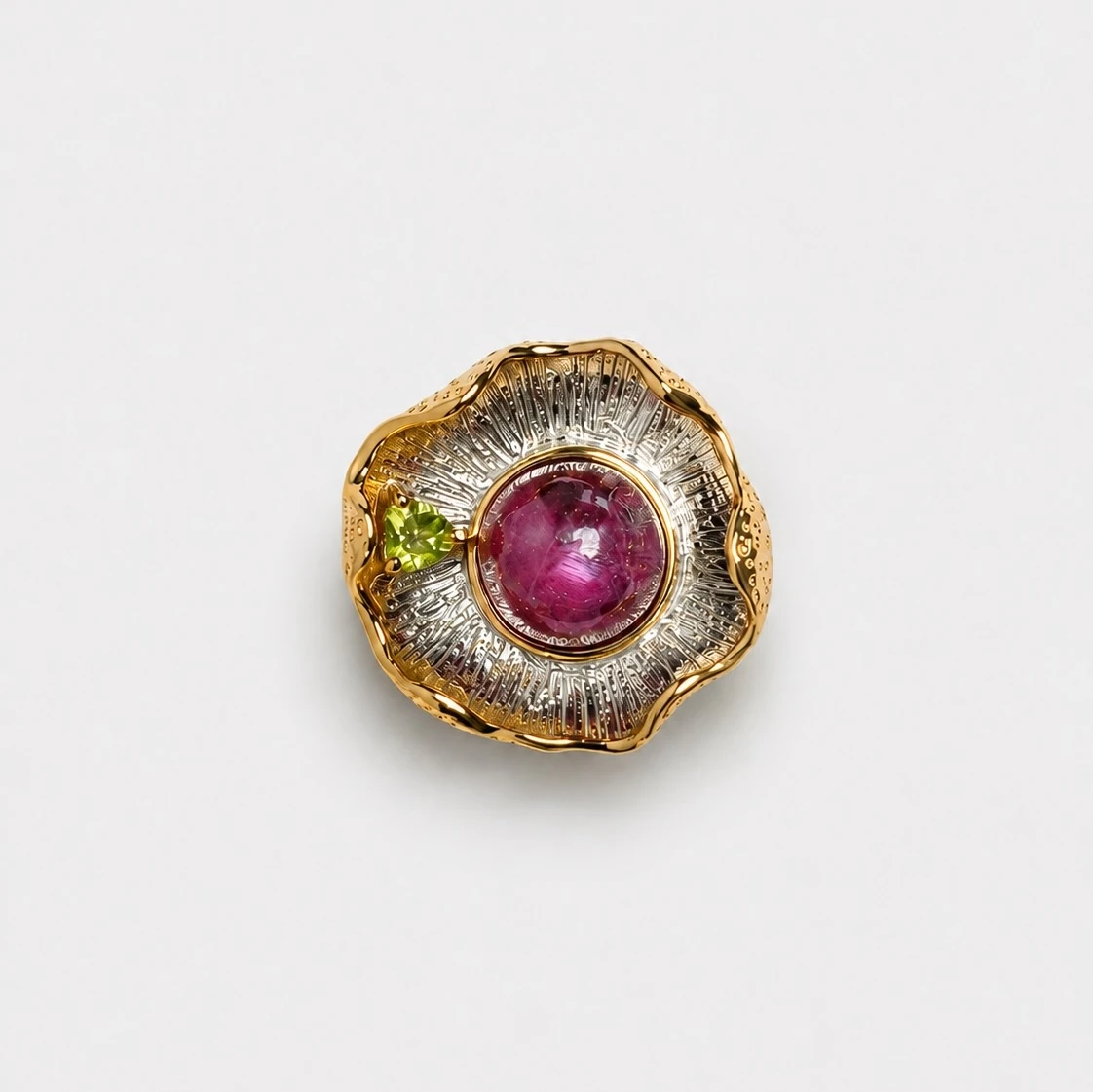 18k-gold-plated-ruby-peridot-pendant-radiating-floral-design 18k gold plated sterling silver pendant featuring a bold ruby cabochon and fresh peridot in a radiating floral shell design.