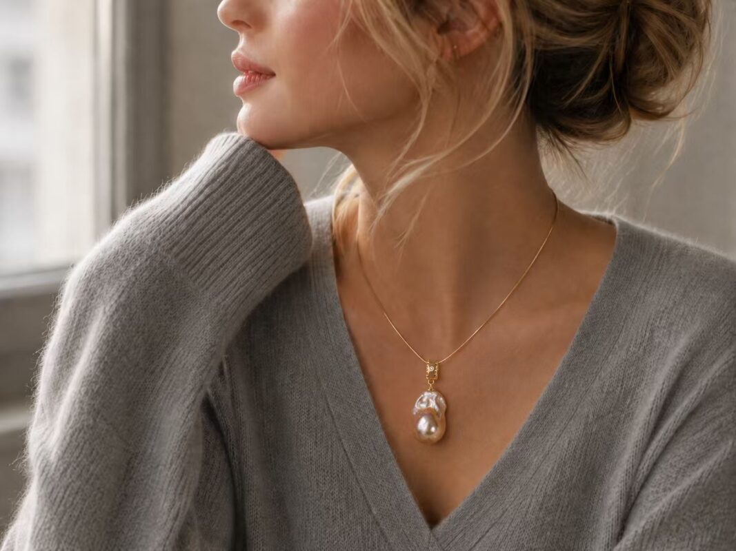Woman wearing a baroque pearl necklace with a soft grey cashmere sweater.
