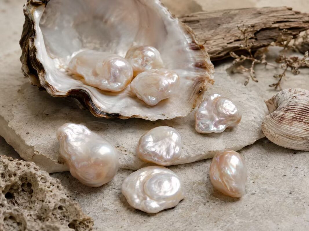 Current image: Natural baroque pearls displayed in an oyster shell, showing their unique organic shapes and lustre.