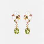 Front view of ONDA LENTA pearl drop earrings featuring oval green gemstones, white pearls and colorful gemstone accents.