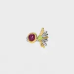 Side view of an ONDA LENTA statement earring with a red cabochon, green gemstone and sculptural gold and silver petal design.
