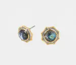 ONDA LENTA Star Abalone Shell Stud Earrings in an angled view, featuring iridescent abalone shell centers and textured two-tone star-shaped frames.